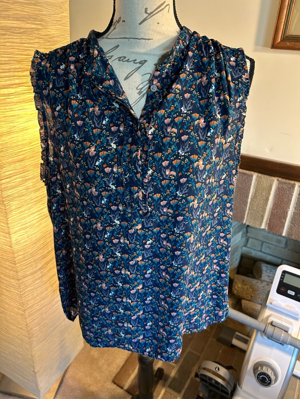 LOFT Navy Floral Sleeveless Button V-Neck Blouse